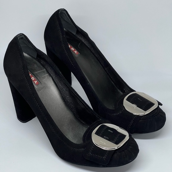 PRADA BLACK SUEDE LEATHER SILVER BUCKLE CHUNKY HEELS EU 41 AU 10 DESIGNER CHIC - Picture 3 of 16